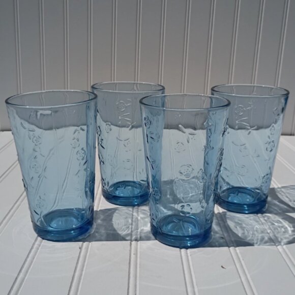 Anchor Hocking Savannah Tumblers Blue Drinking Glasses Etched Flowers SET OF 4 - Picture 3 of 15